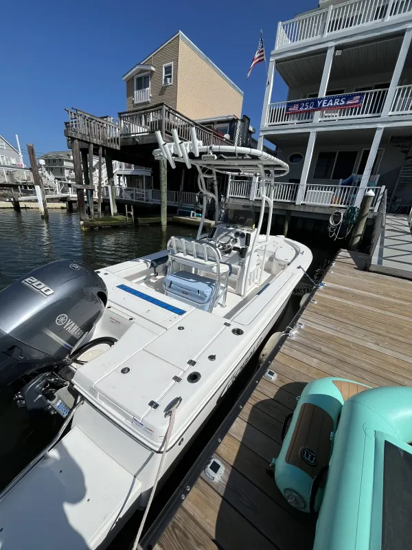 SJS Charters center console boat at the dock