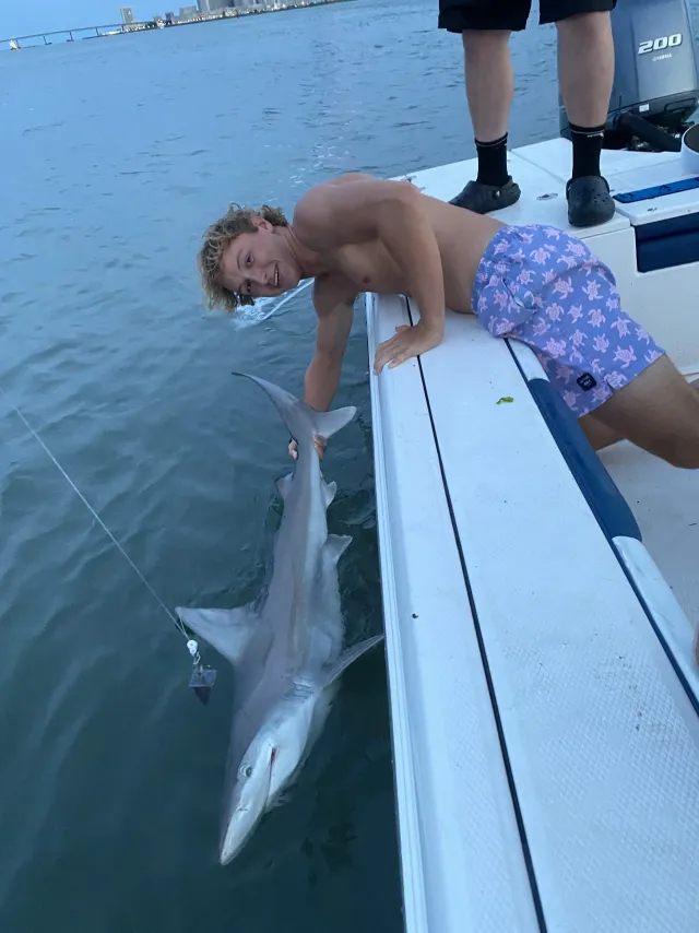 Young angler leaning over the boat beside a shark